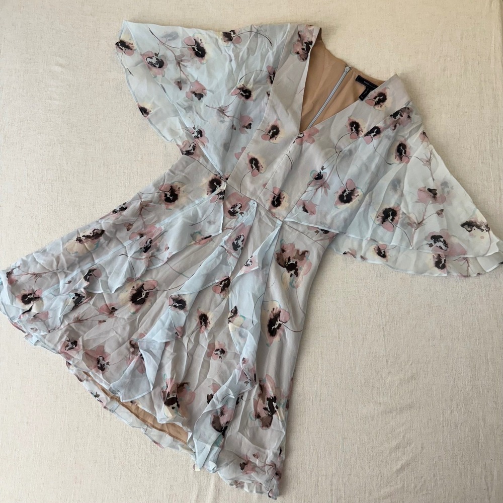 BCBGMAXAZRIA Mabel Floral Silk Dress Flutter Sleeve Ruffle V-Neck 6 - Picture 4 of 13